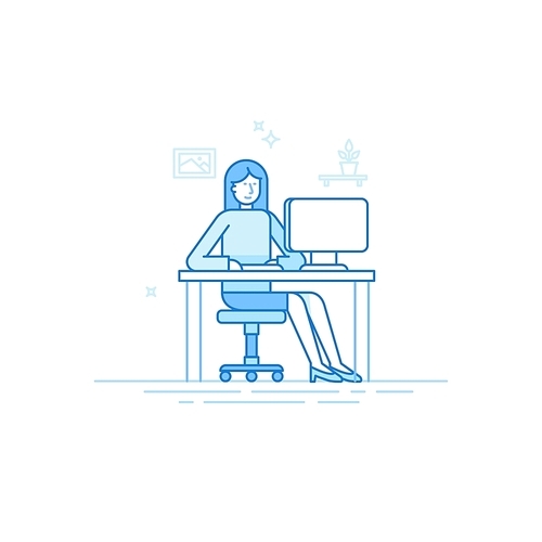 Vector illustration in trendy flat linear style and blue colors - woman working sitting at the desk with computer - creative and freelance work concept in home office