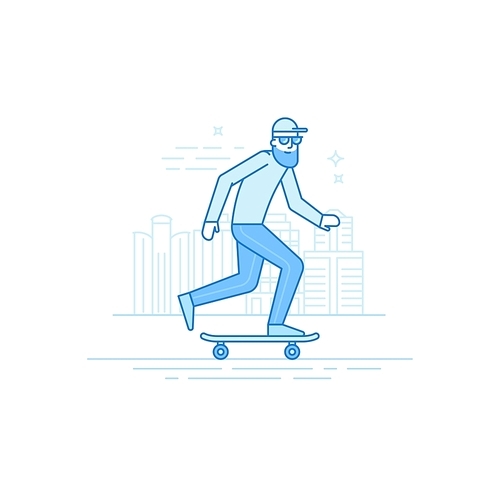 Vector male character in flat linear style - man riding skateboard - illustration in simple trendy style
