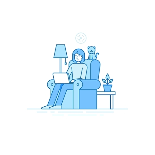 Vector illustration in trendy flat linear style - woman character working at the laptop sitting in the armchair with cat - home office and remote creative team member - outsource and freelance work concept