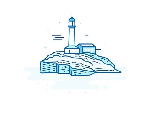 Vector illustration in trendy flat linear style - natural landscape - lighthouse on the island in the ocean - travel concept for banner or postcard