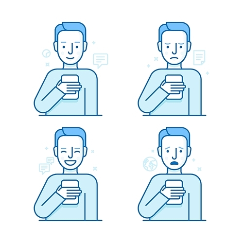 Vector set of illustrations of the male character in trendy flat linear style - guy holding mobile phone with different expressions of face - smartphone addict - receiving notifications, messages and news from his device