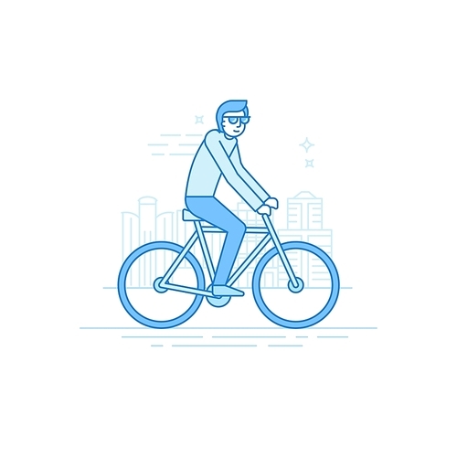 Vector male character in flat linear style - man riding bicycle- illustration in simple trendy style