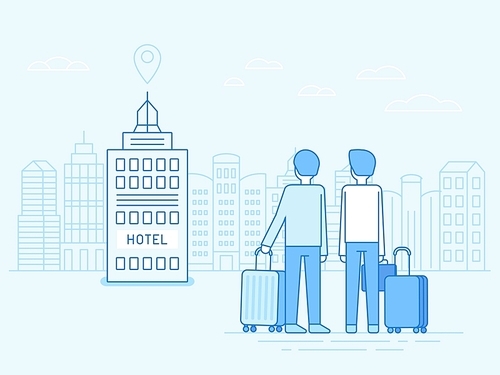Vector illustration in trendy flat linear style - people arriving at the hotel building with bags and luggage - travel concept and icon