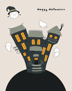 Hand drawn vector illustration of a haunted house, kawaii funny moon in a witch hat, ghosts, with text Happy Halloween. Isolated objects. Line drawing. Design concept for , card, party invitation