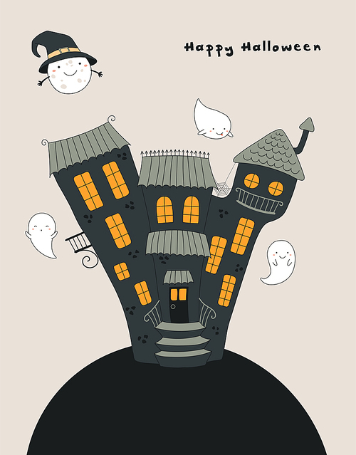 Hand drawn vector illustration of a haunted house, kawaii funny moon in a witch hat, ghosts, with text Happy Halloween. Isolated objects. Line drawing. Design concept for , card, party invitation