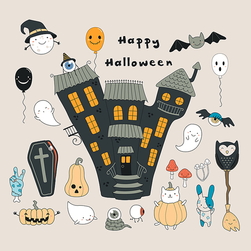 Hand drawn vector illustration of a haunted house, kawaii funny cartoon characters, with text Happy Halloween. Isolated objects. Line drawing. Design concept for , card, party invitation.