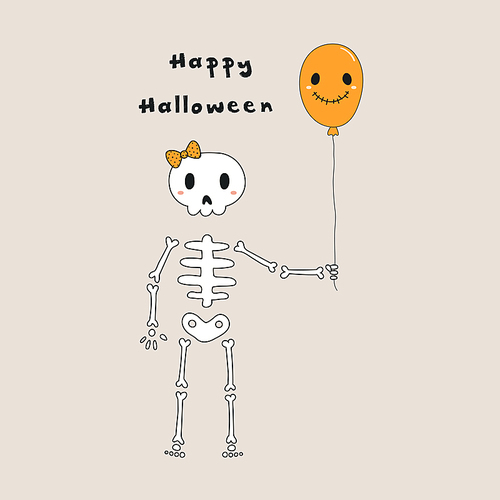 Hand drawn vector illustration of a kawaii funny skeleton with a balloon, with text Happy Halloween. Isolated objects. Line drawing. Design concept for , card, party invitation.