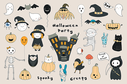 Big set of kawaii funny Halloween elements, characters, with text, haunted house, pumpkins, ghosts, cat, mummy . Isolated objects. Hand drawn vector illustration. Line drawing. Design concept