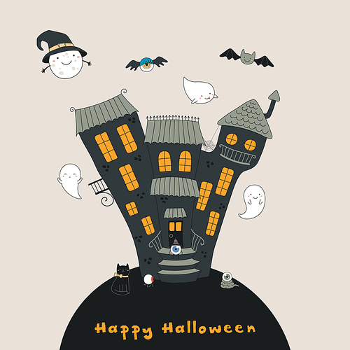 Hand drawn vector illustration of a haunted house, kawaii funny moon, bat, monsters, cat, ghosts, with text Happy Halloween. Isolated objects. Line drawing. Design concept for , card, invitation.