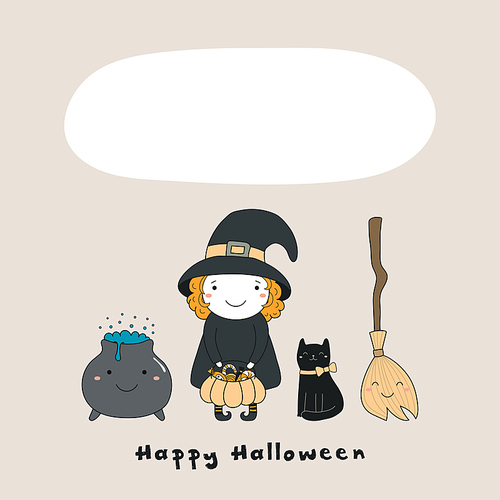 Hand drawn vector illustration of a kawaii funny witch, cat, broomstick, pot, with text Happy Halloween, space for copy. Isolated objects. Line drawing. Design concept for print, card, invitation.