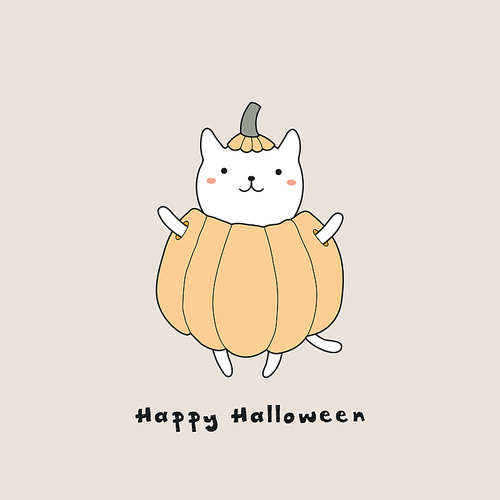 Hand drawn vector illustration of a kawaii funny cat in a pumpkin, with text Happy Halloween. Isolated objects. Line drawing. Design concept for print, card, party invitation.