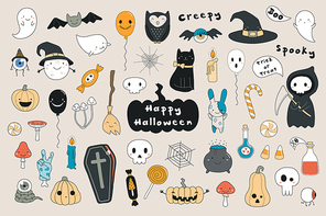 Big set of kawaii funny Halloween elements, with text, pumpkins, ghosts, monsters, zombie, death, candy, balloons. Isolated objects. Hand drawn vector illustration. Line drawing Design concept