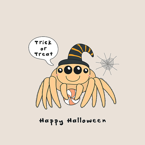 Hand drawn vector illustration of a kawaii funny spider, with text Happy Halloween, Trick or treat in a speech bubble. Isolated objects. Line drawing. Design concept for , card, party invitation.