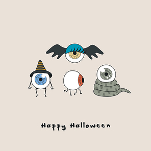 Hand drawn vector illustration of a kawaii funny eye monsters, with text Happy Halloween. Isolated objects. Line drawing. Design concept for , card, party invitation.