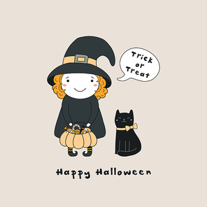Hand drawn vector illustration of a kawaii funny witch, cat, with text Happy Halloween, Trick or treat in a speech bubble. Isolated objects. Line drawing. Design concept for , card, invitation.