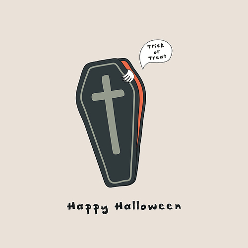 Hand drawn vector illustration of a kawaii funny coffin, with text Happy Halloween, Trick or treat in a speech bubble. Isolated objects. Line drawing. Design concept for , card, party invitation.