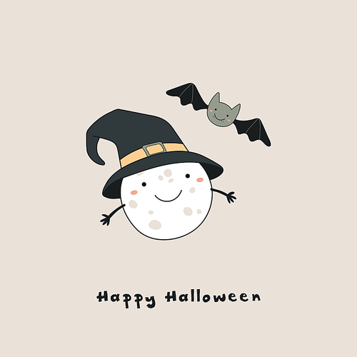 Hand drawn vector illustration of a kawaii funny moon in a witch hat, bat, with text Happy Halloween. Isolated objects. Line drawing. Design concept for print, card, party invitation.