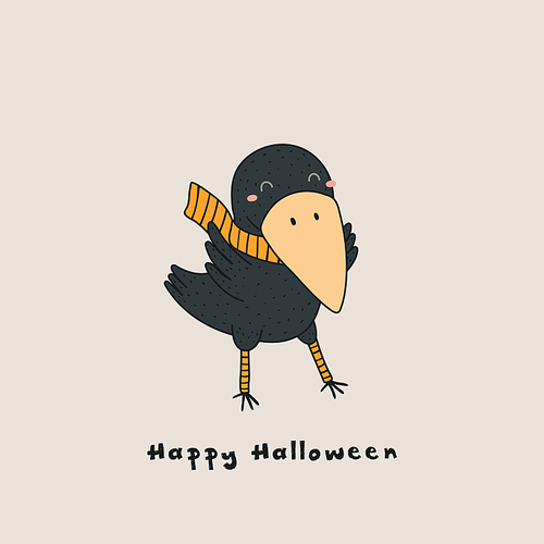 Hand drawn vector illustration of a kawaii funny crow in a muffler, leg warmers, with text Happy Halloween. Isolated objects. Line drawing. Design concept for print, card, party invitation.