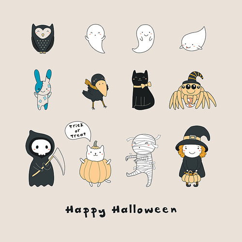 Set of kawaii funny Halloween characters, with ghosts, cats, zombie bunny, witch, death, mummy, spider, owl, crow. Isolated objects. Hand drawn vector illustration Line drawing Design concept
