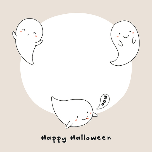 Hand drawn vector illustration of a kawaii funny ghosts, with text Happy Halloween, space for copy. Isolated objects. Line drawing. Design concept for print, card, invitation.