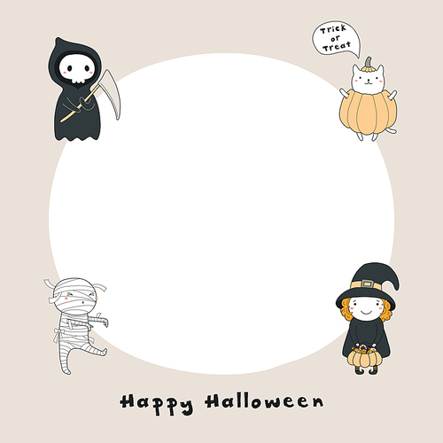 Hand drawn vector illustration of a kawaii funny death, witch, mummy, cat in a pumpkin, with text Happy Halloween, copy space. Isolated objects. Line drawing. Design concept , card, invitation.