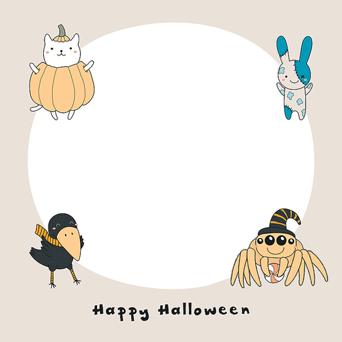 Hand drawn vector illustration of a kawaii funny crow, cat in a pumpkin, zombie bunny, spider, with text Happy Halloween, copy space. Isolated objects. Line drawing. Design concept for , card.