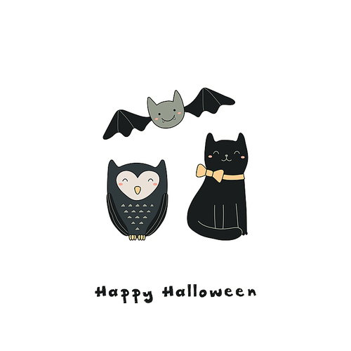 Hand drawn vector illustration of a kawaii funny owl, black cat, bat, with text Happy Halloween. Isolated objects. Line drawing. Design concept for , card, party invitation.