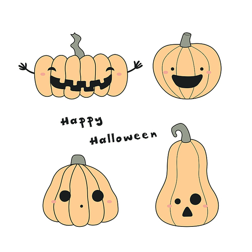 Hand drawn vector illustration of a kawaii funny pumpkin jack o lanterns, with text Happy Halloween. Isolated objects. Line drawing. Design concept for print, card, party invitation.