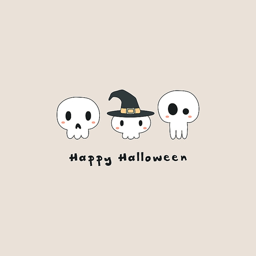 Hand drawn vector illustration of a kawaii funny skulls, witch hat, with text Happy Halloween. Isolated objects. Line drawing. Design concept for print, card, party invitation.