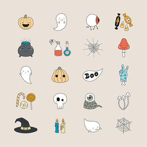 Set of kawaii funny Halloween icons, with pumpkins, ghosts, monsters, zombie, witch hat, candy, pot, web. Isolated objects. Hand drawn vector illustration. Line drawing Design concept for