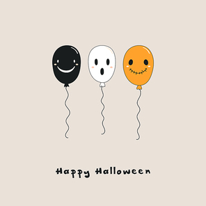 Hand drawn vector illustration of a kawaii funny balloons, with scary faces, with text Happy Halloween. Isolated objects. Line drawing. Design concept for , card, party invitation.