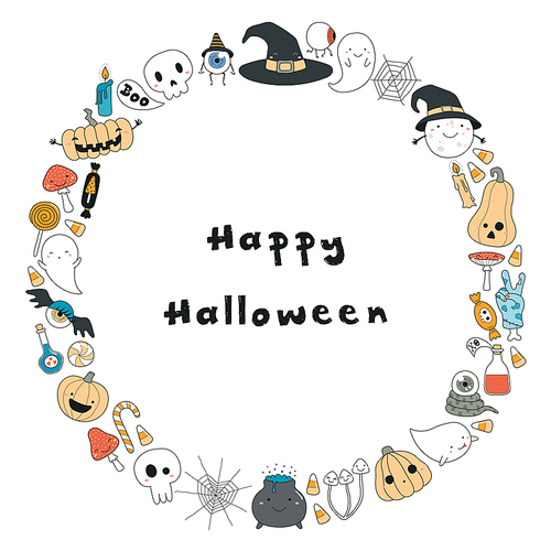 Hand drawn vector illustration of a kawaii funny Halloween wreath, with pumpkins, ghosts, candy, witch hat, moon, text. Isolated objects. Line drawing. Design concept for , card, invitation