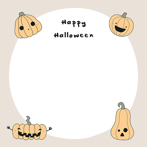 Hand drawn vector illustration of a kawaii funny pumpkin jack o lanterns, with text Happy Halloween, copy space. Isolated objects. Line drawing. Design concept for , card, invitation.