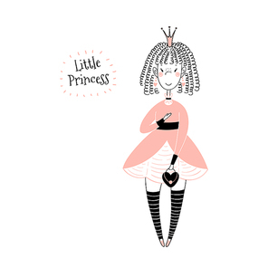 hand drawn vector illustration of a cute little princess in a pink dress, with text. isolated objects on . line drawing. unfilled outline. design concept for children .