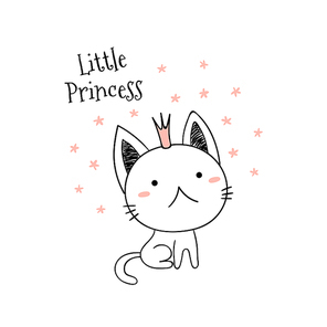 hand drawn vector illustration of a cute funny little kitten in a crown, with text little princess. isolated objects on . line drawing. unfilled outline. design concept for kids .