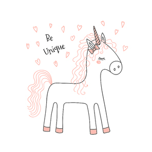 Hand drawn vector illustration of a cute funny unicorn with pink curly mane and tail, with text. Isolated objects on white . Line drawing. Unfilled outline. Design concept for kids print.