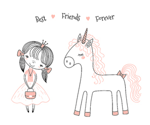 hand drawn vector illustration of a cute little princess in a pink dress and a unicorn, with text. isolated objects on . line drawing. unfilled outline. design concept for kids .