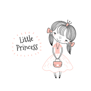 Hand drawn vector illustration of a cute little princess in a pink dress, with text. Isolated objects on white . Line drawing. Unfilled outline. Design concept for children .