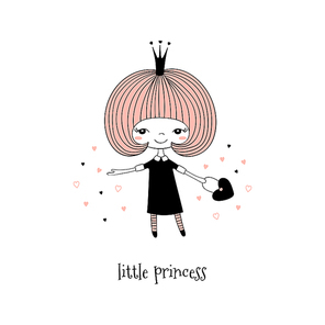 Hand drawn vector illustration of a cute little princess in a black dress, with text. Isolated objects on white . Line drawing. Unfilled outline. Design concept for children .