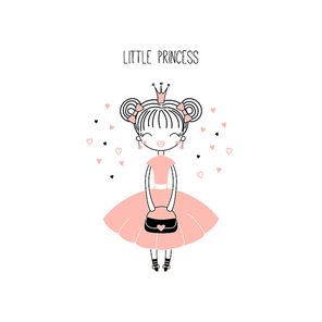 Hand drawn vector illustration of a cute little princess in a pink dress, with text. Isolated objects on white . Line drawing. Unfilled outline. Design concept for children .