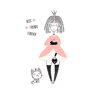 Hand drawn vector illustration of a cute little princess in a pink dress and a kitten, with text. Isolated objects on white . Line drawing. Unfilled outline. Design concept for kids .