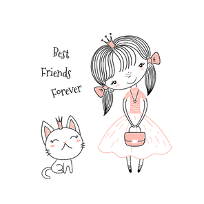 Hand drawn vector illustration of a cute little princess in a pink dress and a kitten, with text. Isolated objects on white . Line drawing. Unfilled outline. Design concept for kids .