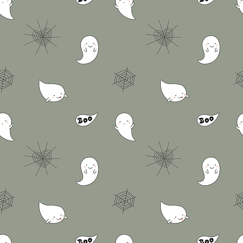 Seamless repeat pattern with spider webs, kawaii ghosts on gray. Hand drawn vector illustration. Line drawing. Design concept for Halloween party, textile , wallpaper, wrapping paper.