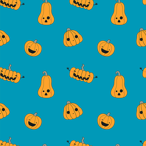 Seamless repeat pattern with kawaii pumpkin jack o lanterns on blue. Hand drawn vector illustration. Line drawing. Design concept for Halloween party, textile print, wallpaper, wrapping paper.