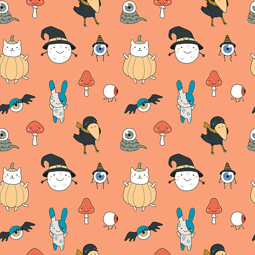 Seamless repeat pattern with different kawaii cartoon characters on red. Hand drawn vector illustration. Line drawing. Design concept for Halloween party, textile , wallpaper, wrapping paper.