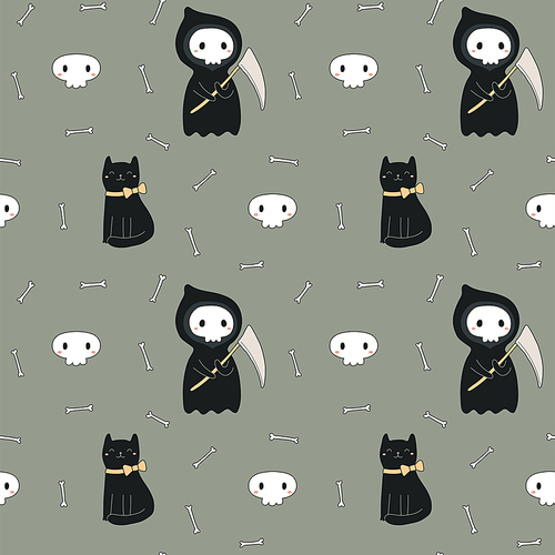 seamless repeat pattern with kawaii death,  cat on gray. hand drawn vector illustration. line drawing. design concept for halloween party, textile , wallpaper, wrapping paper.