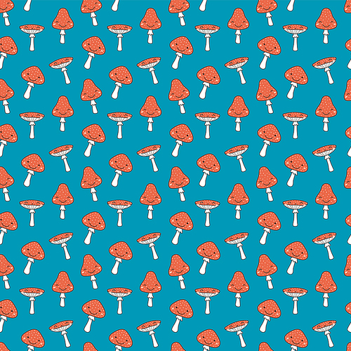 Seamless repeat pattern with kawaii fly amanita mushrooms on blue. Hand drawn vector illustration. Line drawing. Design concept for Halloween party, textile , wallpaper, wrapping paper.