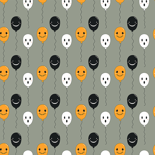 Seamless repeat pattern with kawaii balloons with faces on gray. Hand drawn vector illustration. Line drawing. Design concept for Halloween party, textile , wallpaper, wrapping paper.