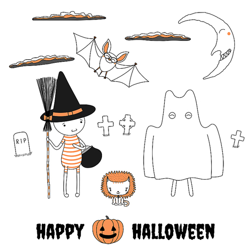 Hand drawn vector illustration of funny cartoon characters dressed in Halloween costumes of witch and ghost, cat with a lion mane, smiling crescent moon and bat in the sky. Design concept for kids.