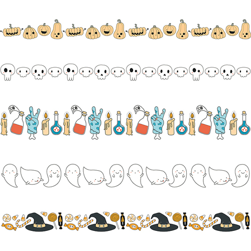 Set of kawaii funny Halloween horizontal borders, with pumpkins, ghosts, candy, witch hat, skulls, potions. Hand drawn vector illustration. Isolated objects. Line drawing. Design concept for .